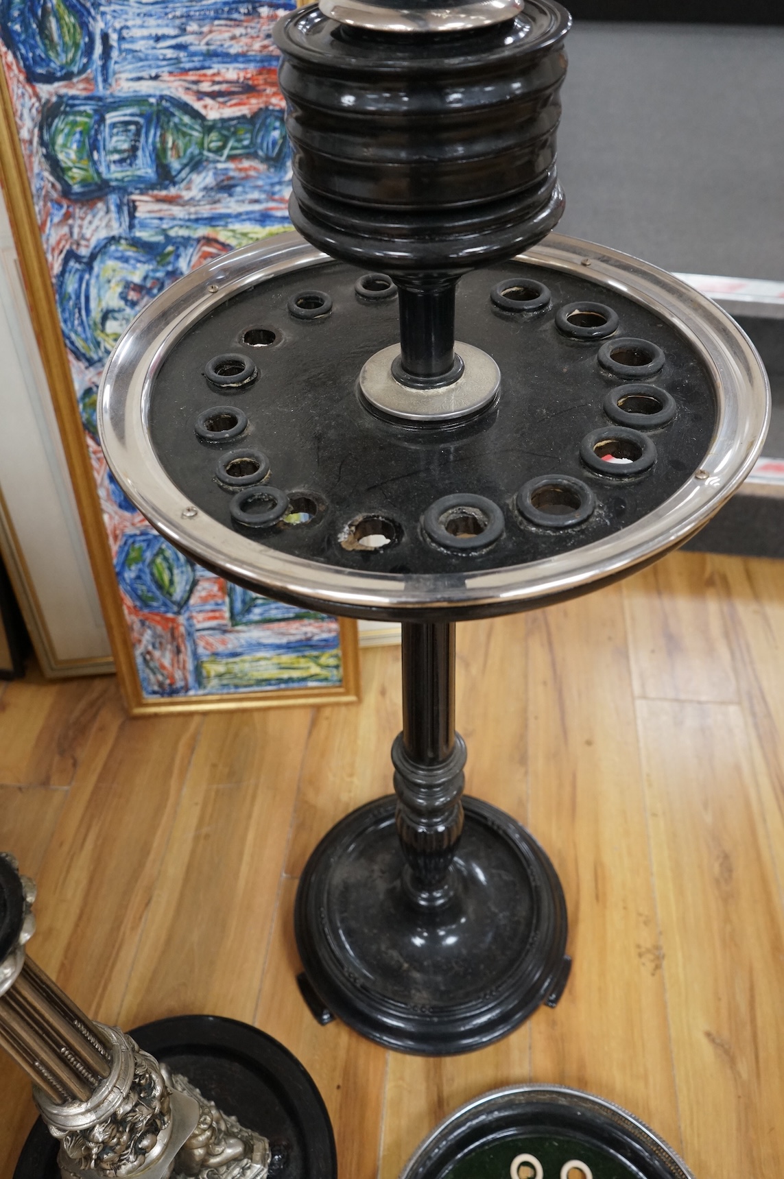 Two walking stick stands, one with horse head finial, largest 115cm high (one a.f.)